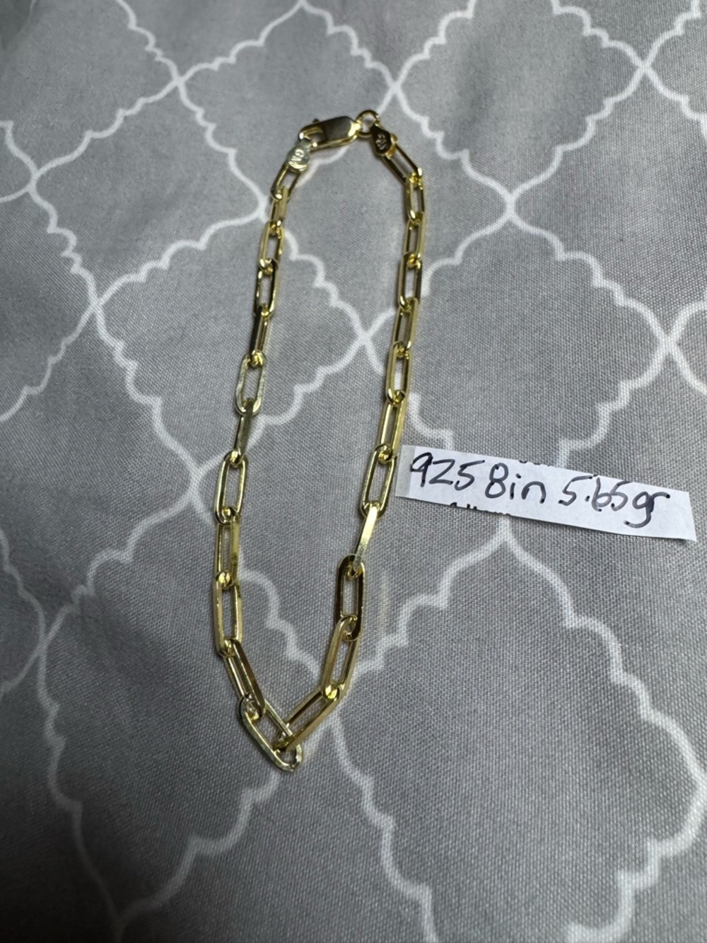 10k gold over 925 Italian sterling silver Paperclip Chain Bracelet 8 inch new!